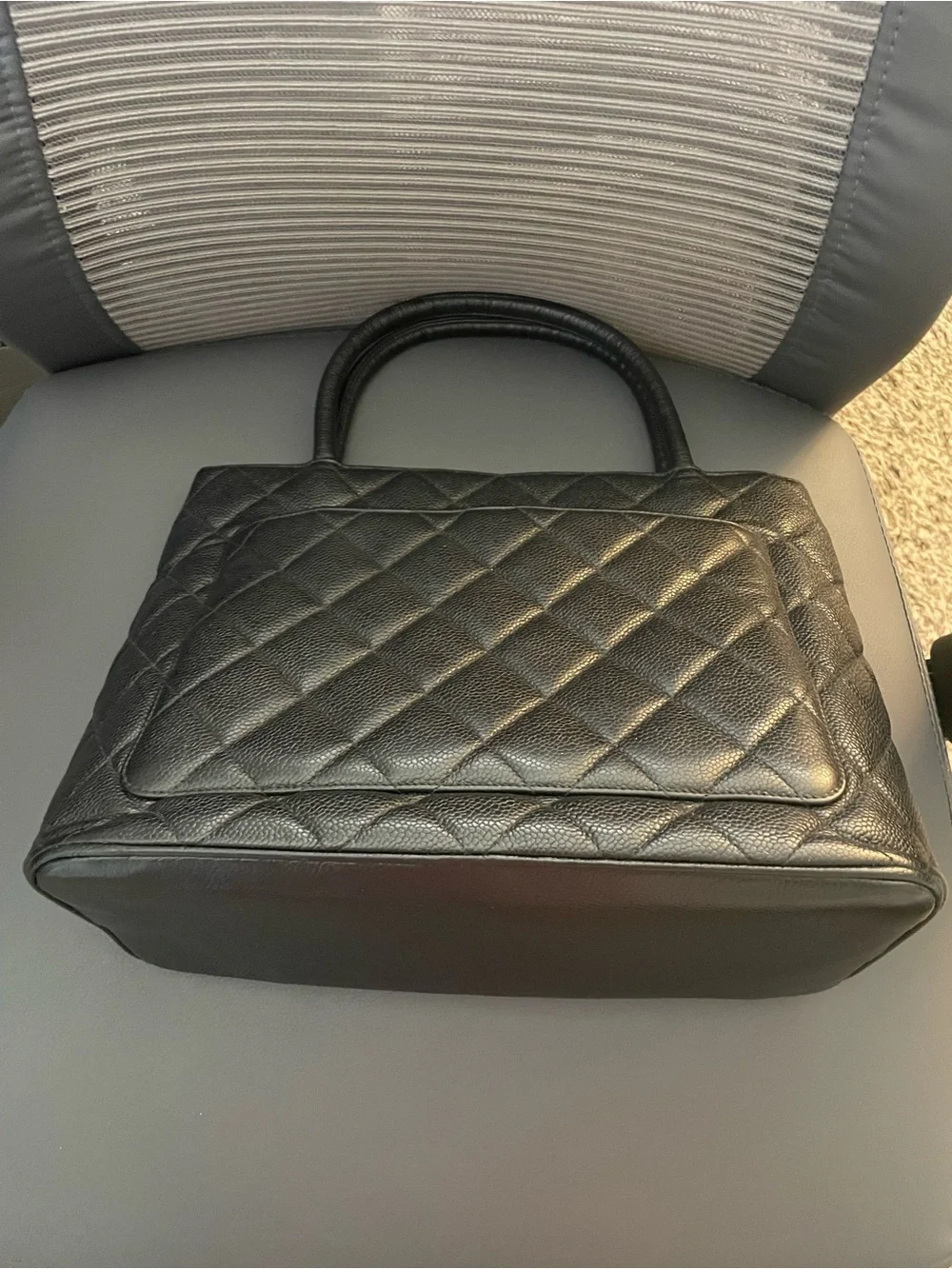 CHANEL Black Quilted Leather Tote with Large CC Motif and Charm